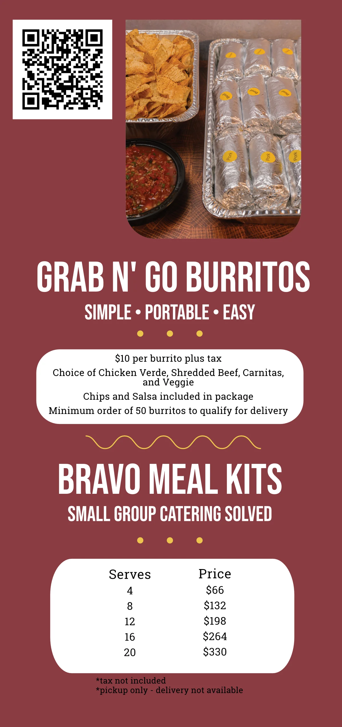Assorted burritos and chips with salsa for catering