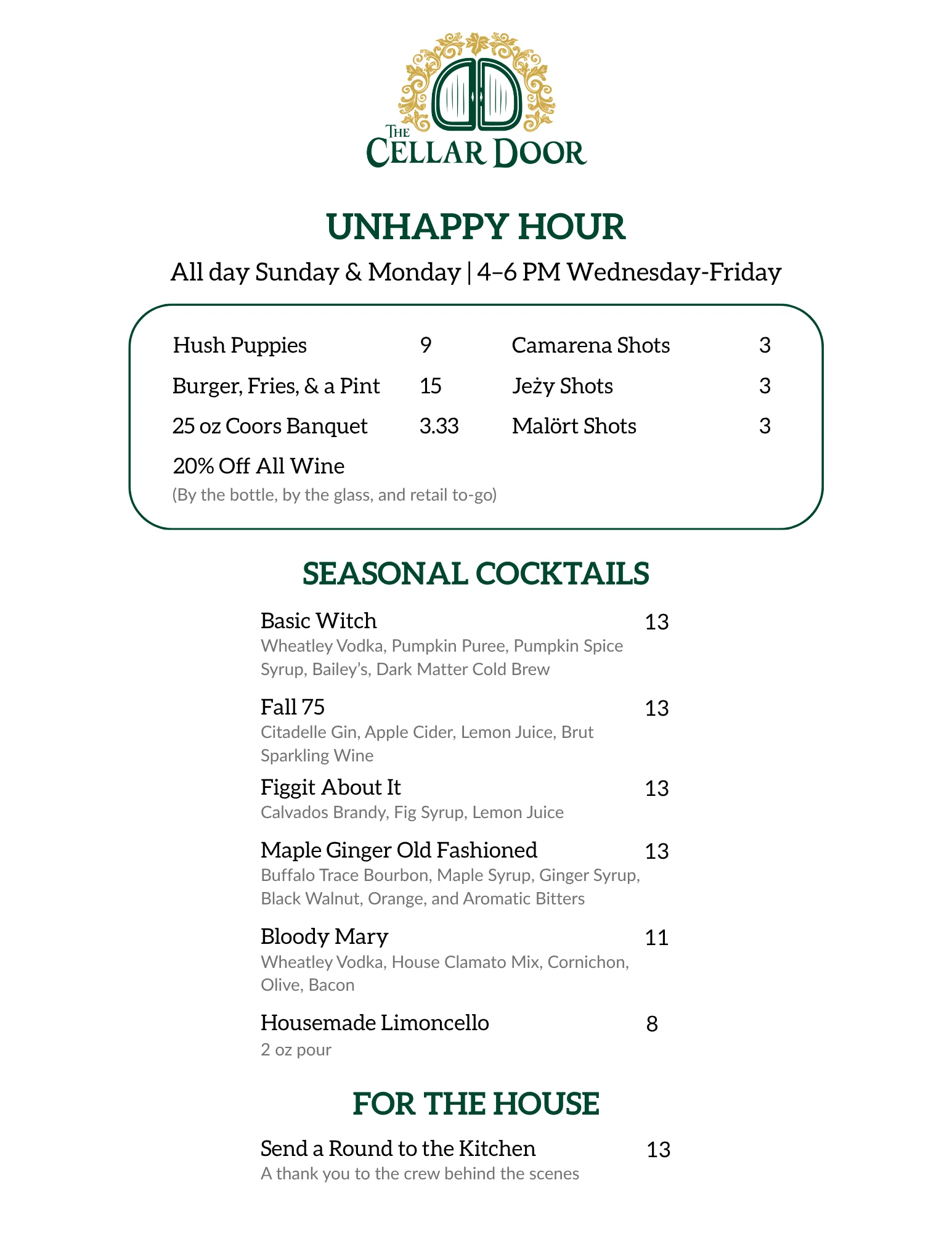 Bar menu featuring a variety of drinks and cocktails.