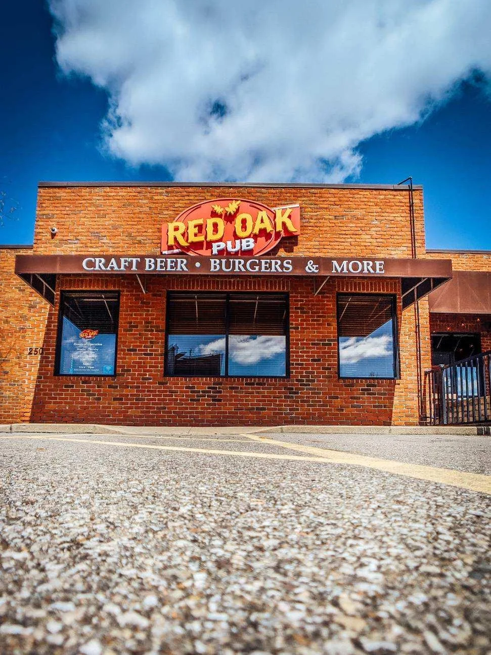 Exterior view of Red Oak Pub featuring craft beer and burgers