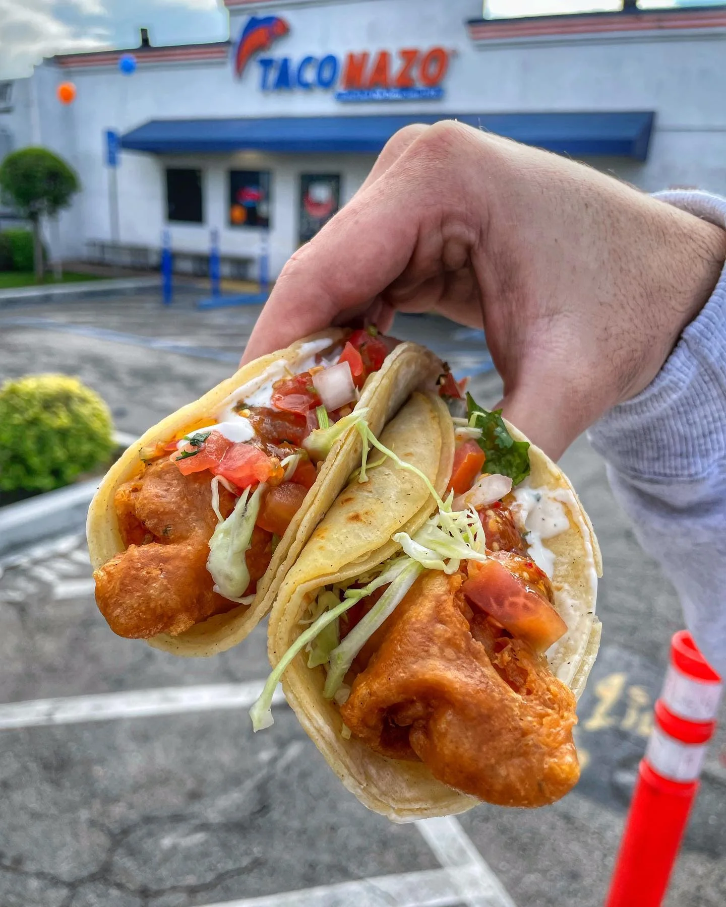 2 Fish Tacos Held Close to Camera