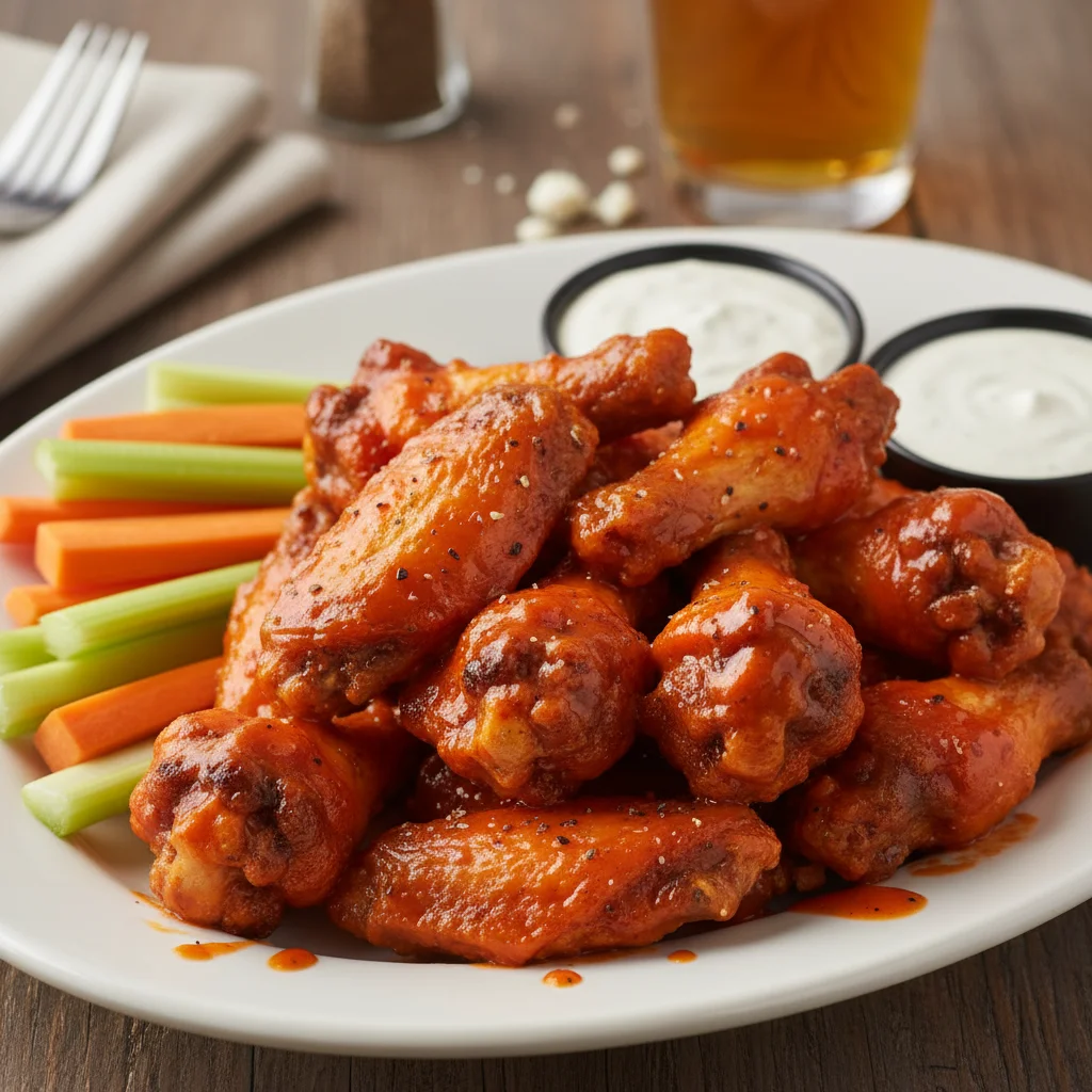 Spicy buffalo chicken wings with celery and ranch dip