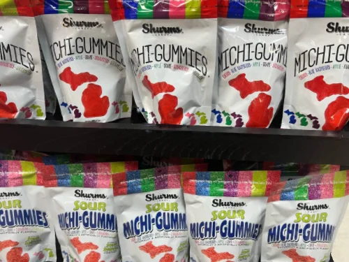 Colorful bags of Michi-Gummies and Sour Michi-Gummies on display