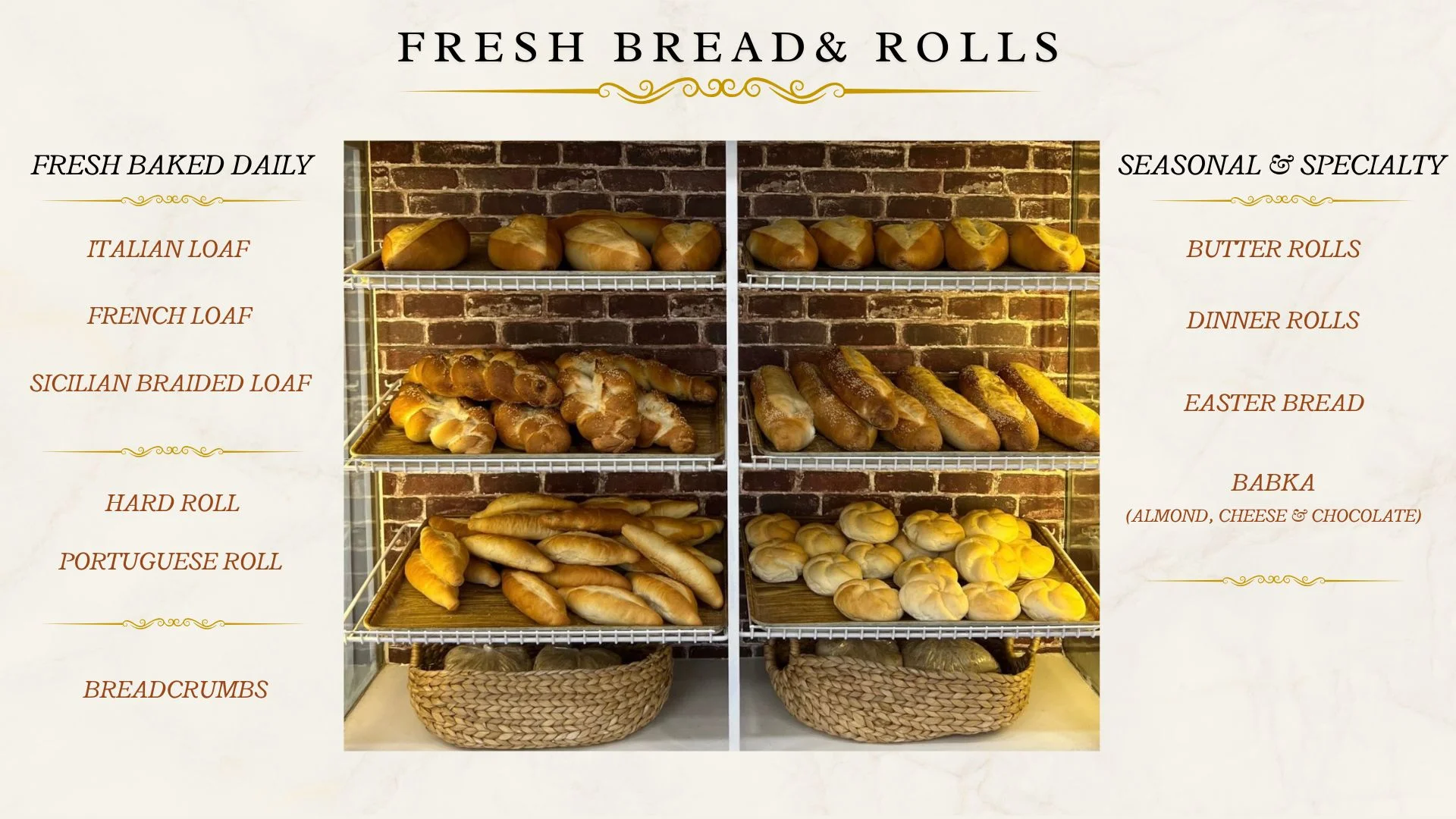 Freshly baked artisan bread and rolls display in a rustic bakery