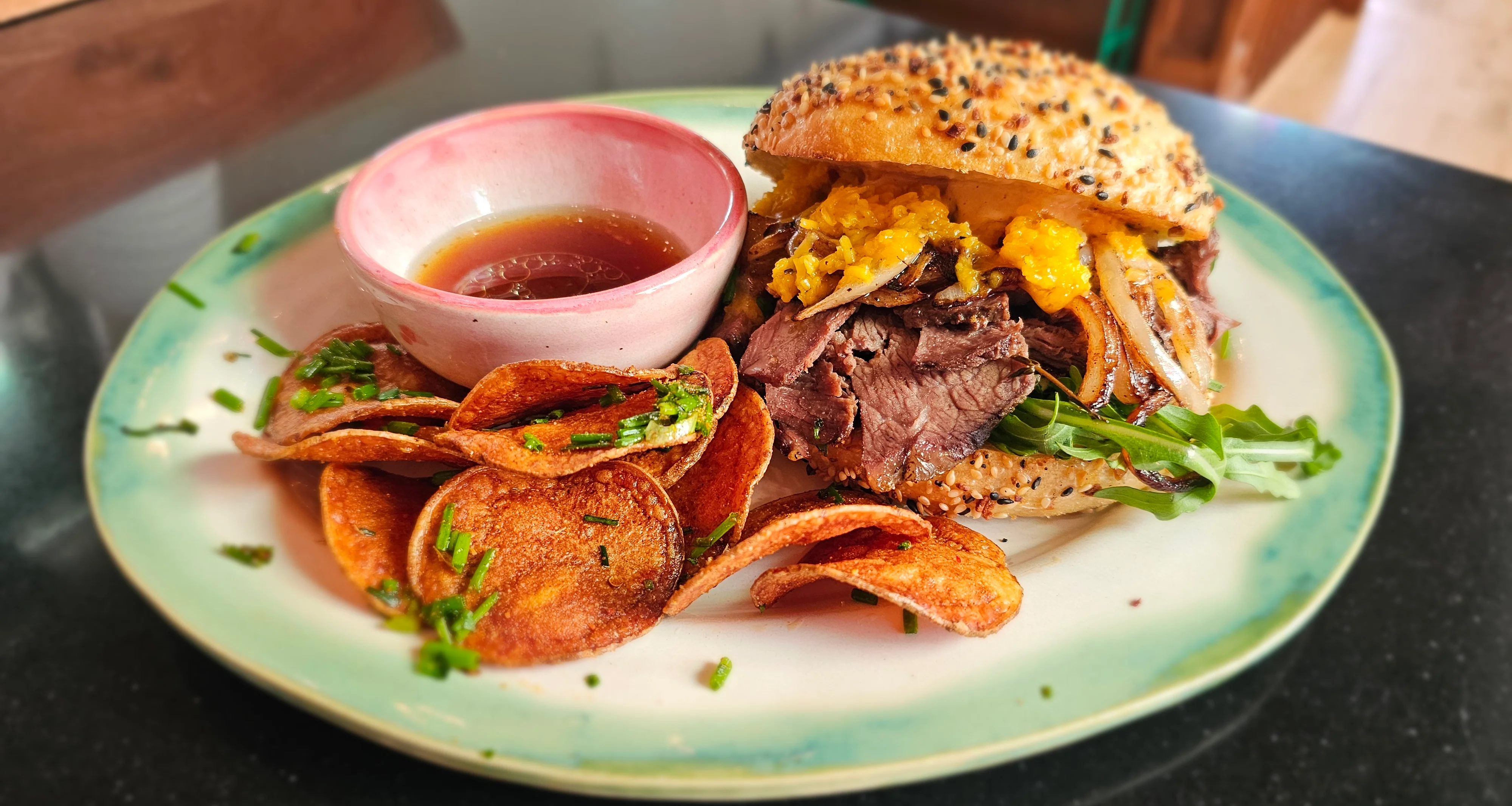 Savory brisket sandwich with crispy chips