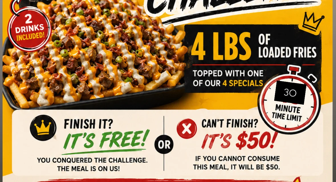 Loaded fries challenge platter at a vibrant restaurant