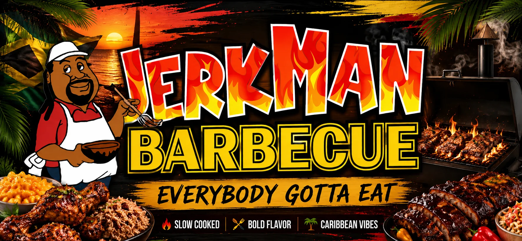 Caribbean jerk barbecue platter with grilled meats and sides