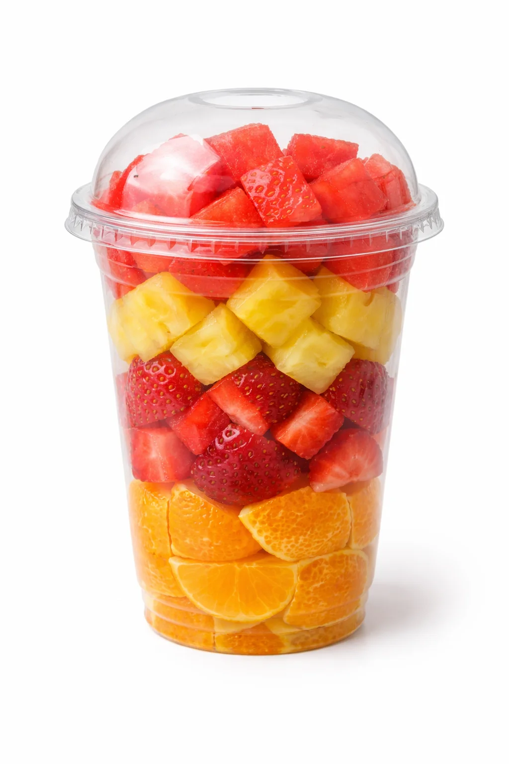 A clear cup filled with layers of fresh fruit, including watermelon, strawberries, pineapple, and oranges, creating a colorful and healthy snack.