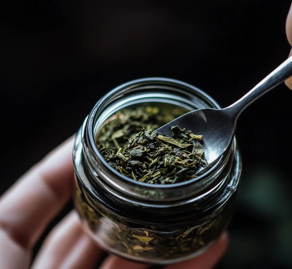 Dried green tea leaves in a glass jar
