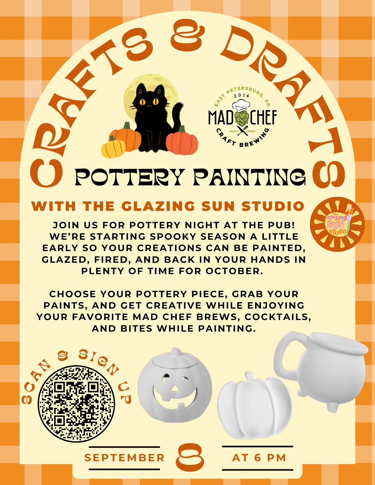 Pottery painting event flyer for spooky season at Mad Chef Brewing