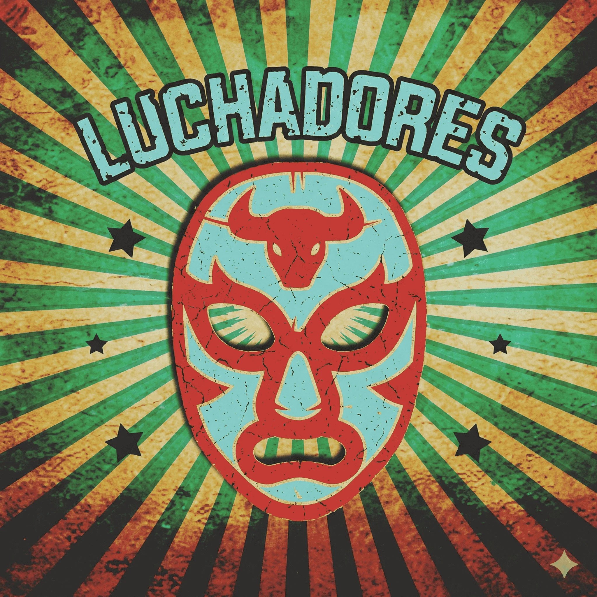 Colorful luchador mask with vintage sunburst background design