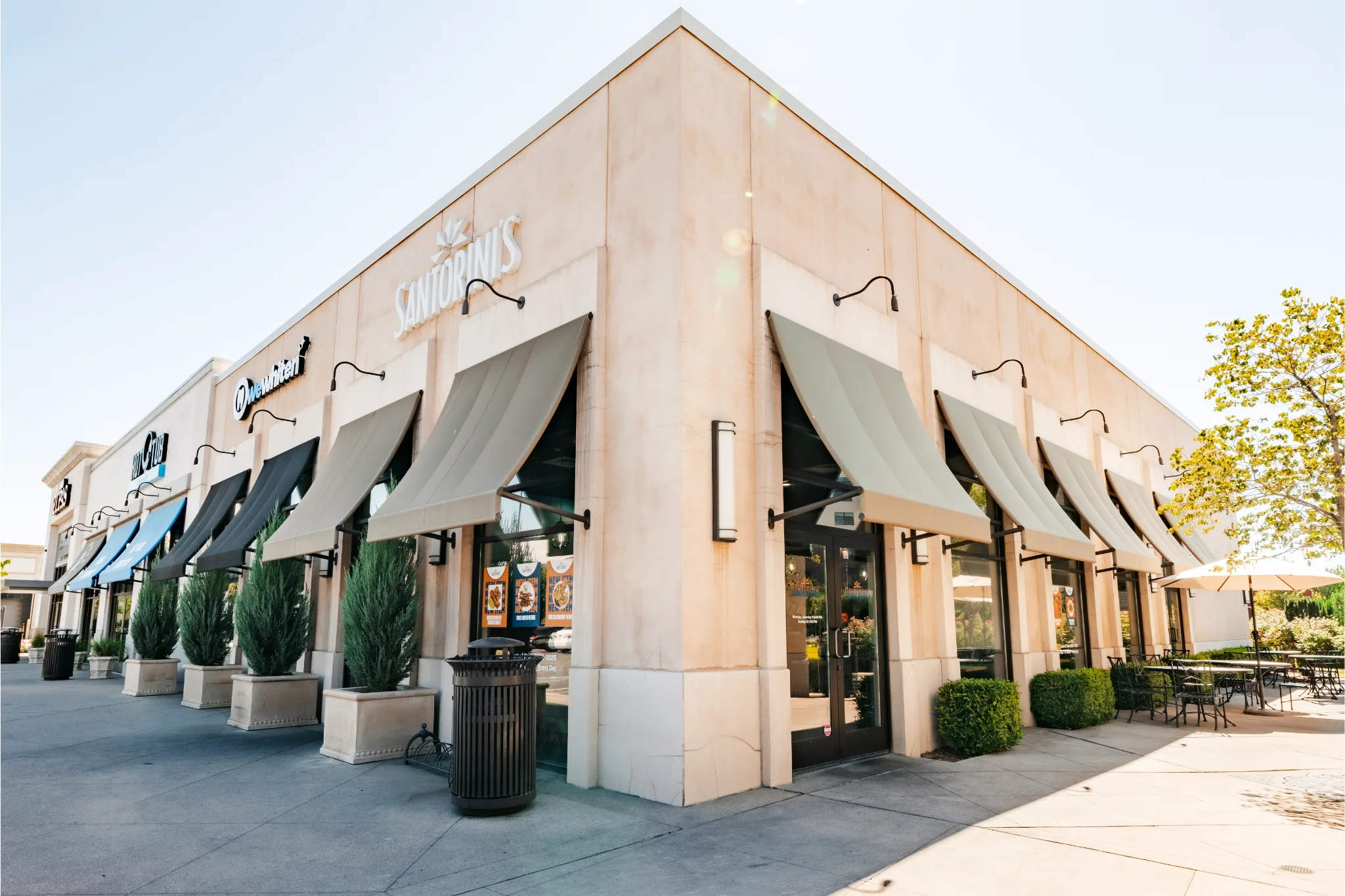 Santorini's Greek Grill exterior at Station Park in Farmington Utah