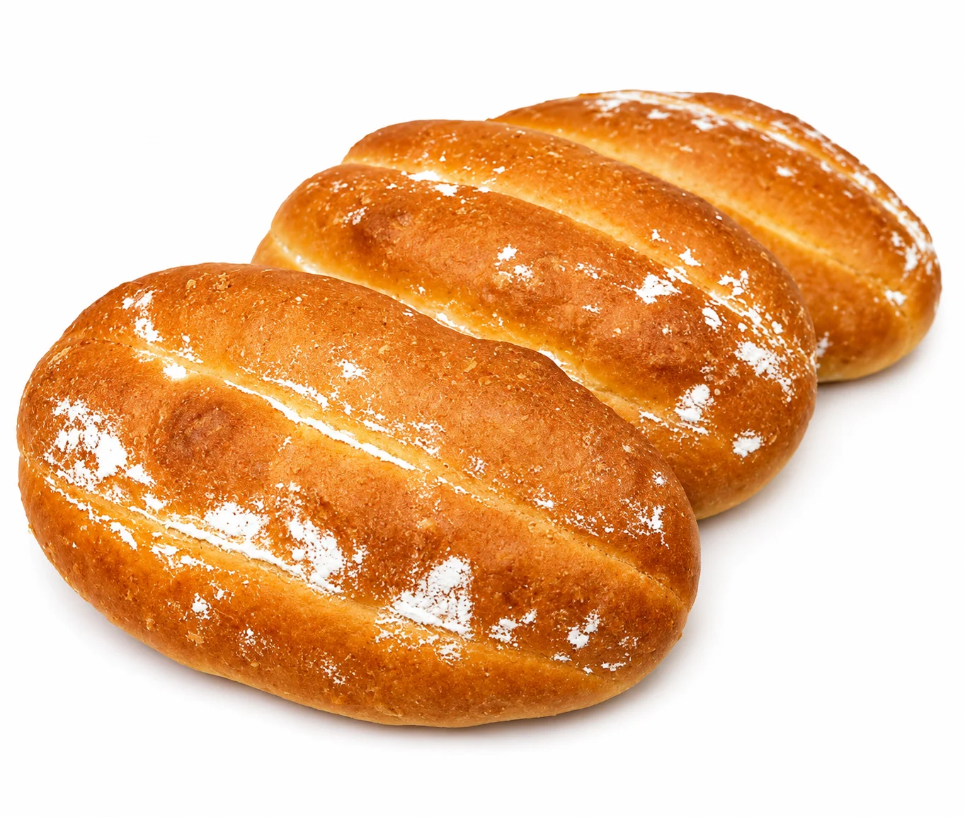 Three freshly baked oval-shaped bread rolls with a golden crust.