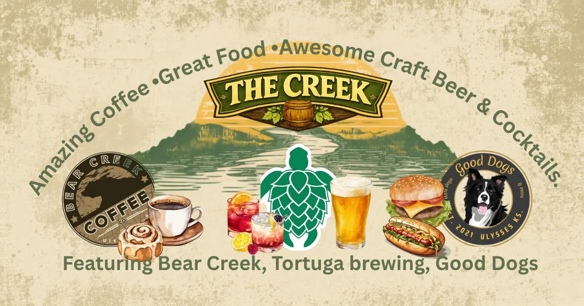 An advertisement for a cafe featuring various items like coffee, cocktails, craft beer, and food, highlighted with a scenic background.