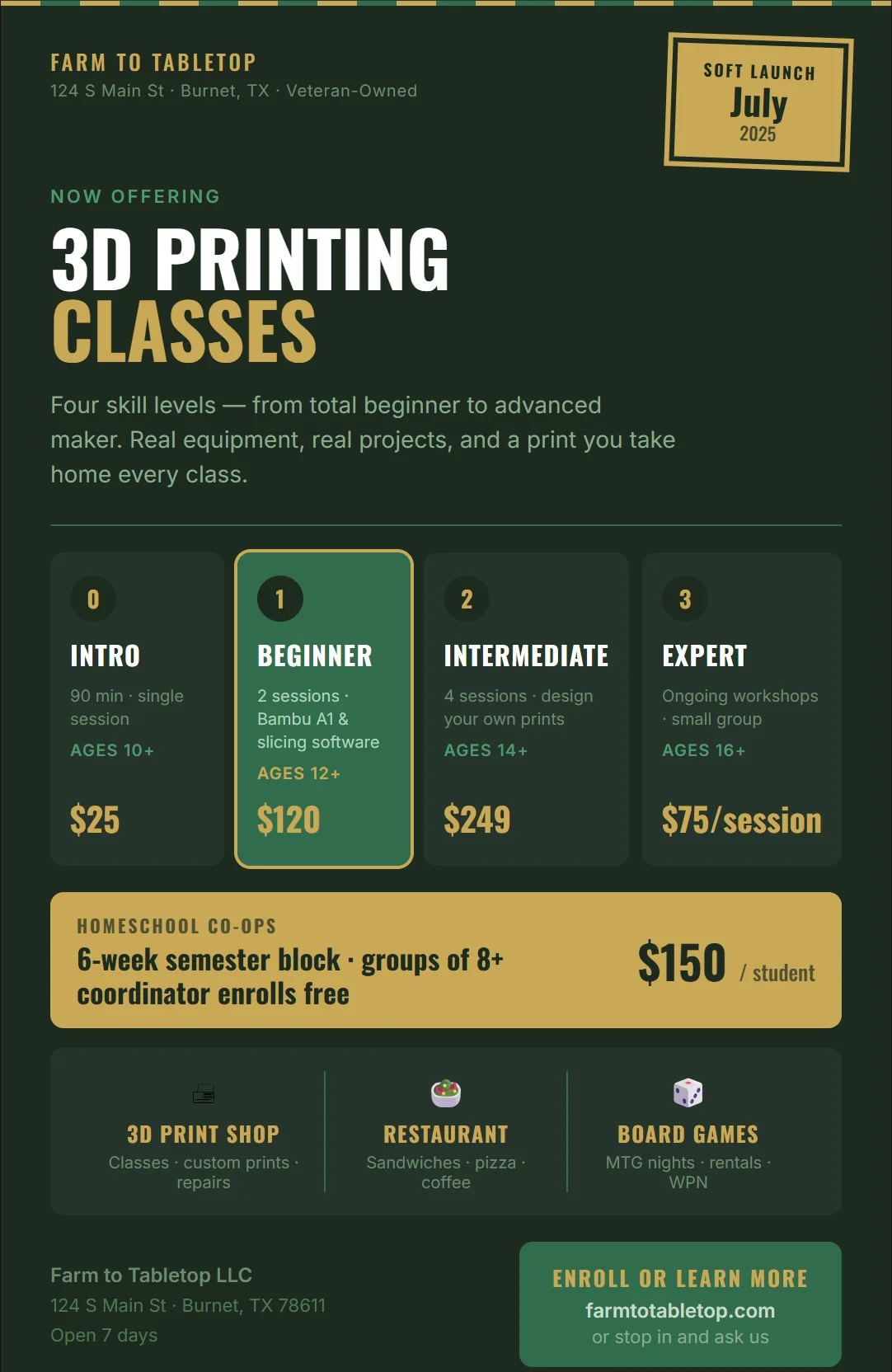 3D printing class offerings at Farm to Tabletop in Burnet, TX