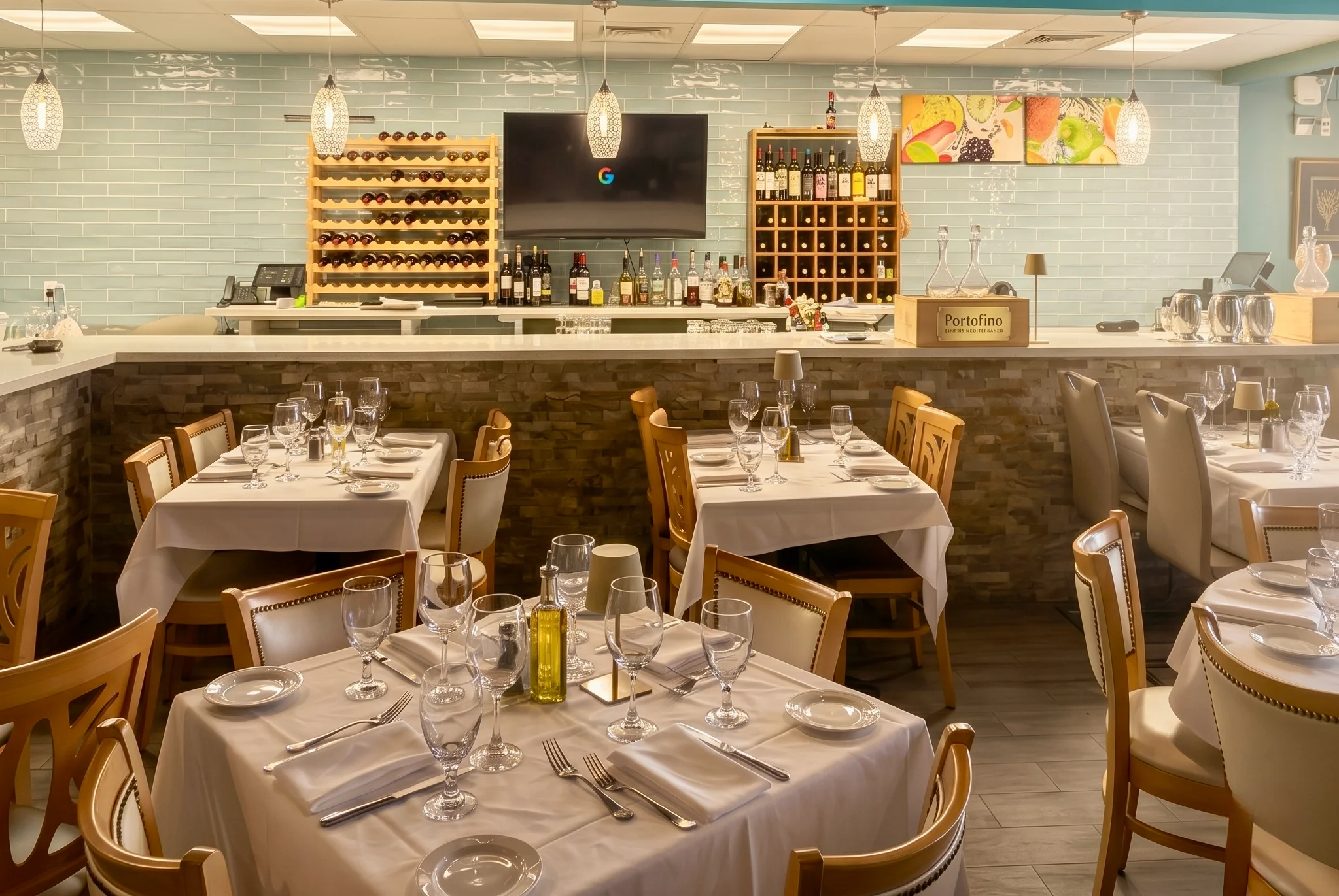 Elegant restaurant interior with Mediterranean decor and dining setup