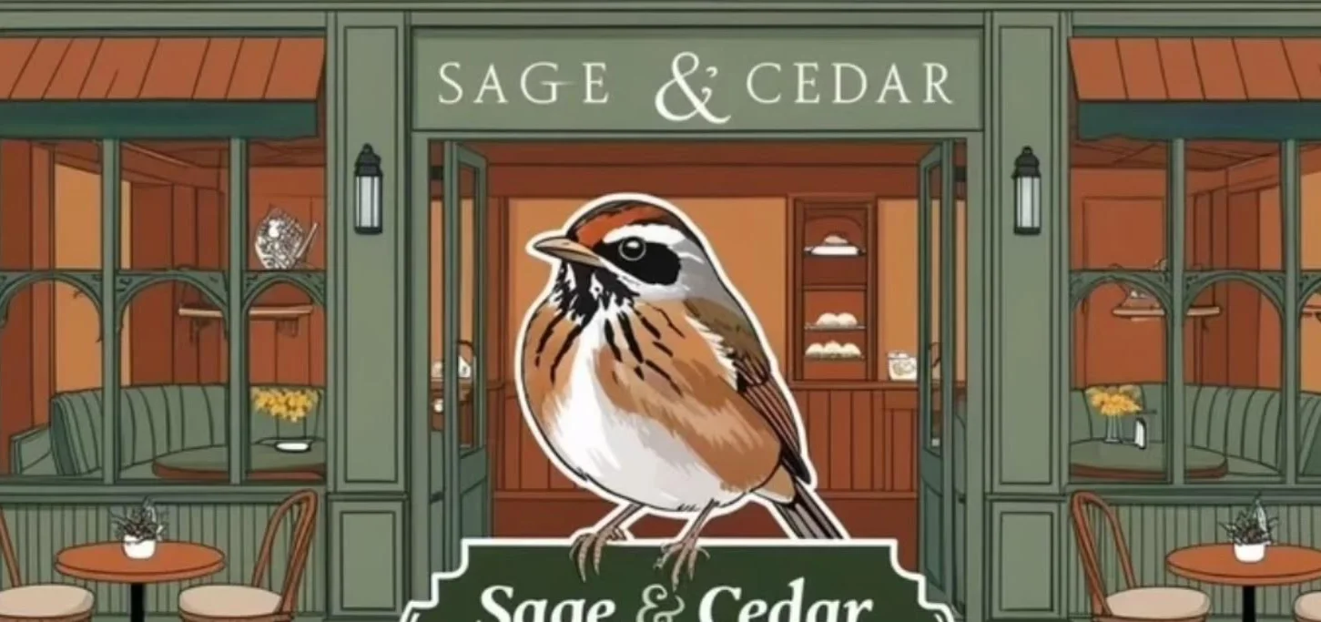 Charming café exterior with bird illustration and cozy seating