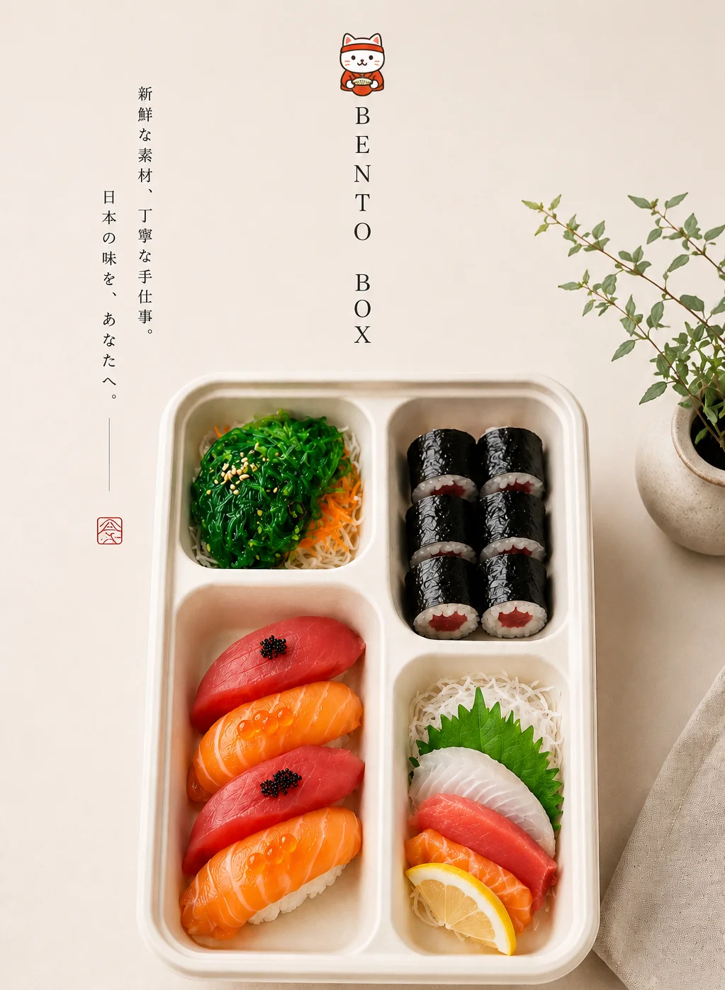 Bento box with sushi, sashimi, and seaweed salad on a neutral background.