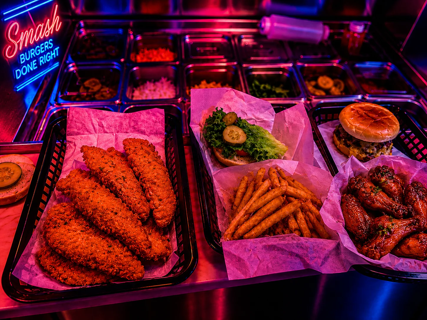 Crispy fried chicken tenders with sides in a vibrant diner setting