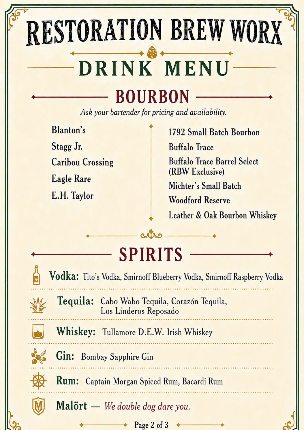 Bourbon and spirits drink menu at a restaurant