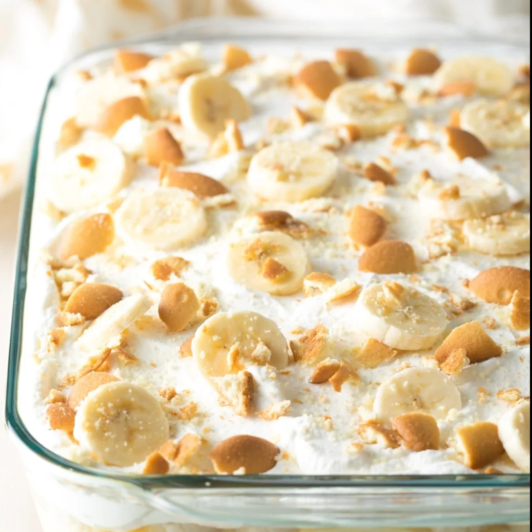 Classic Southern banana pudding dessert with whipped cream