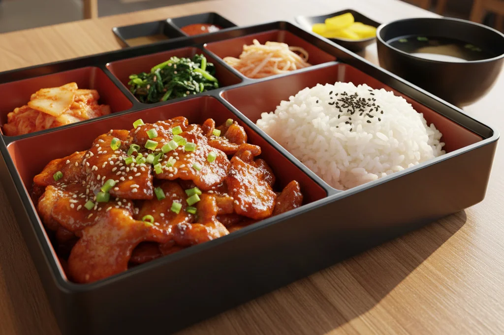 Korean spicy pork bulgogi with rice and side dishes