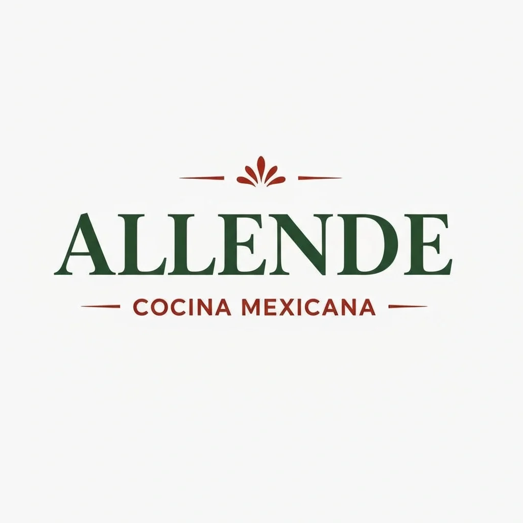 A logo featuring the name 'ALLENDE' in bold green text with a decorative element above, accompanied by the words 'COCINA MEXICANA' in smaller red text below.