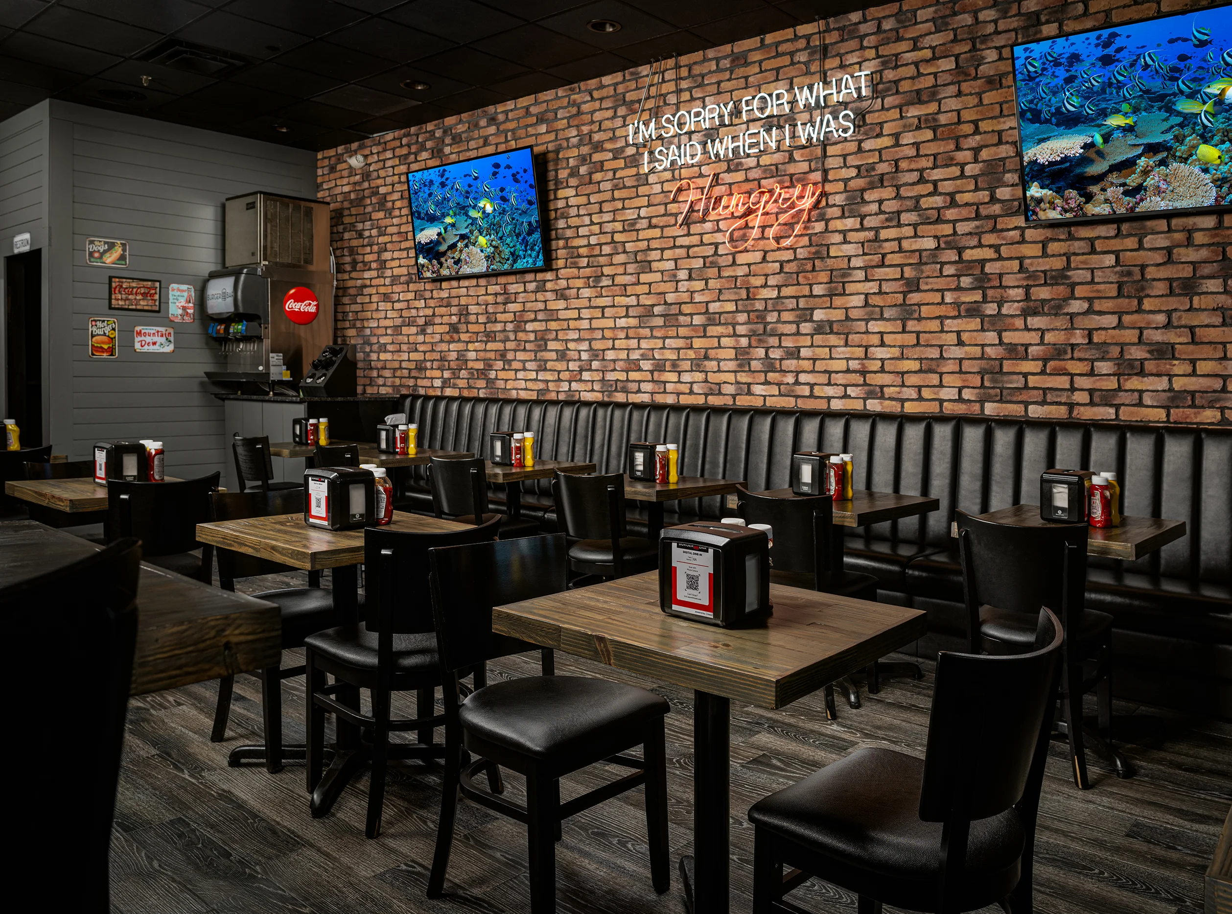 Cozy restaurant interior with brick walls and modern decor
