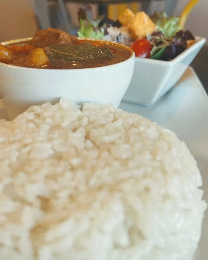 Savory Malaysian curry with rice and fresh salad