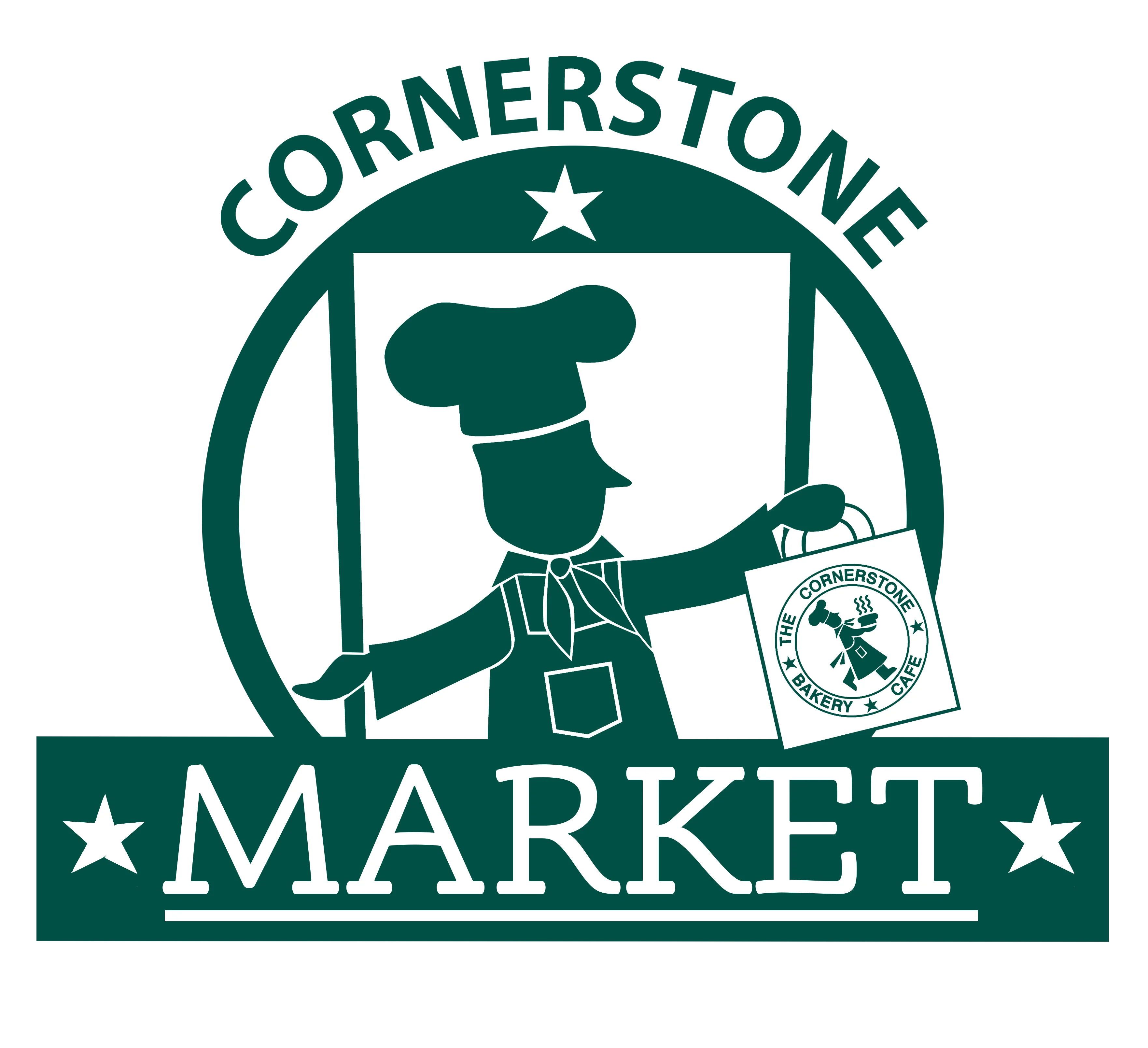 Logo of Cornerstone Market featuring a chef character