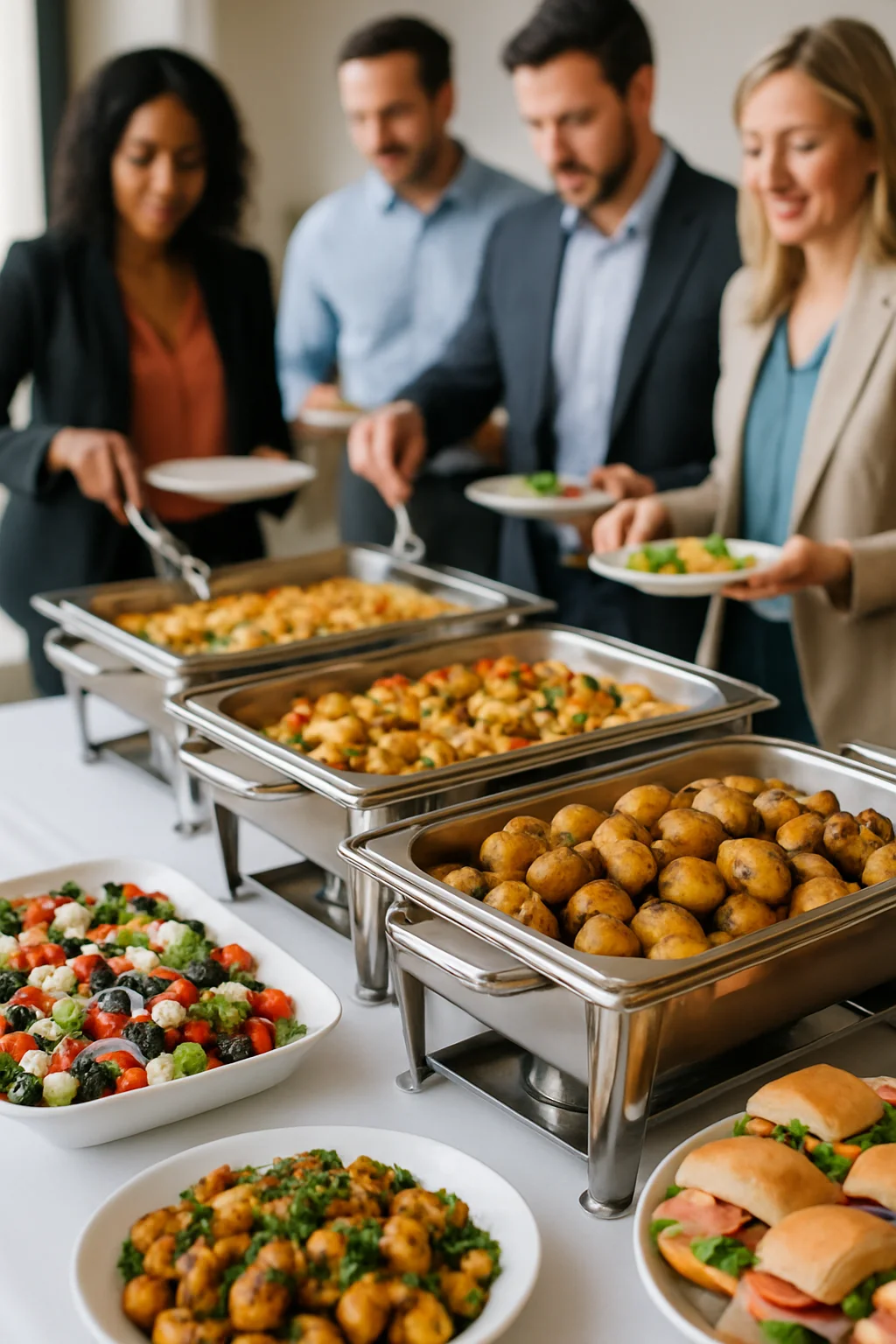 Buffet spread featuring Mediterranean dishes and fresh salads