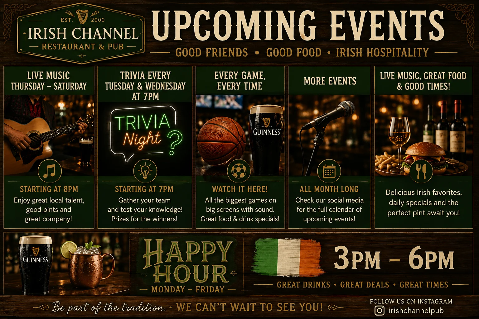 Upcoming events at an Irish pub with live music and trivia nights