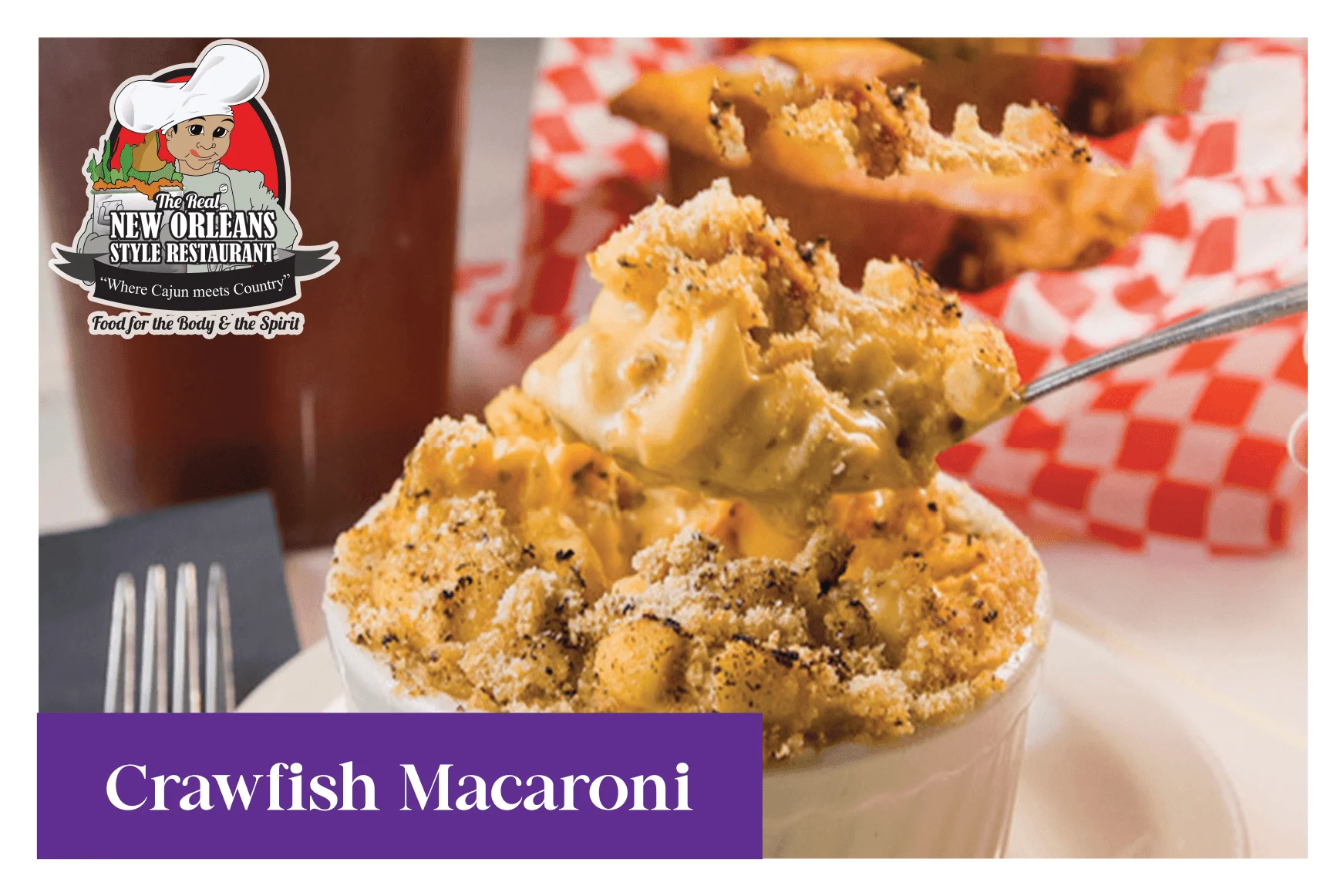 Crawfish macaroni and cheese in a creamy baked dish