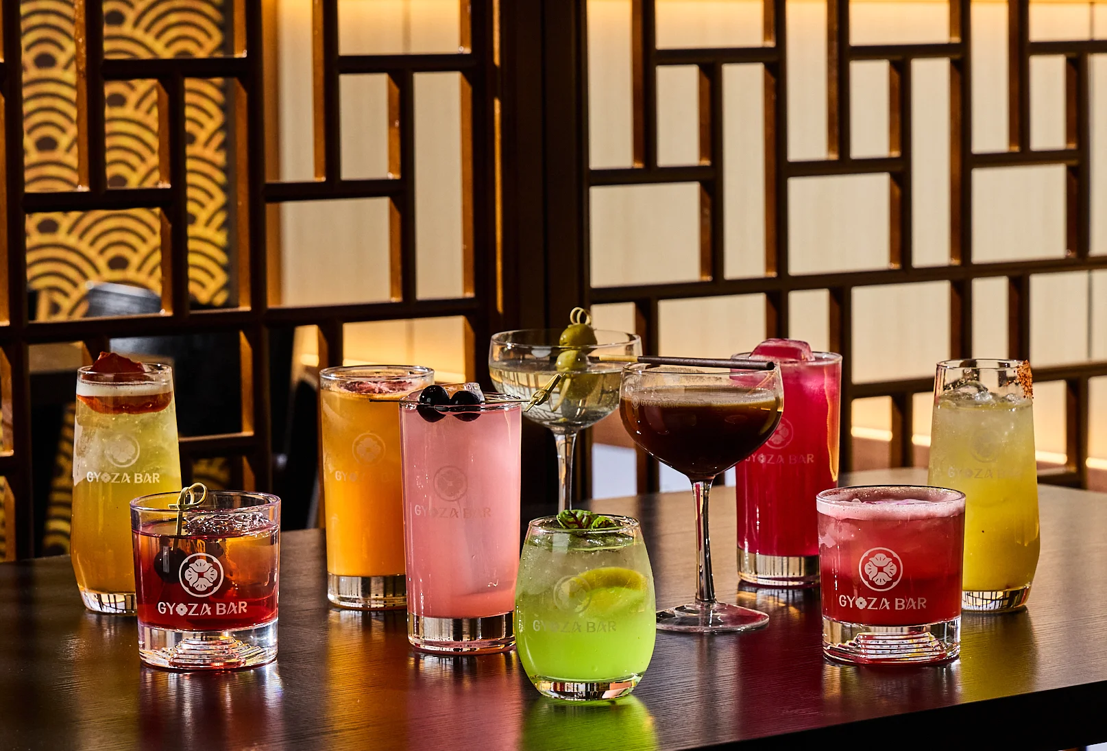 Colorful cocktails at a modern Asian bar