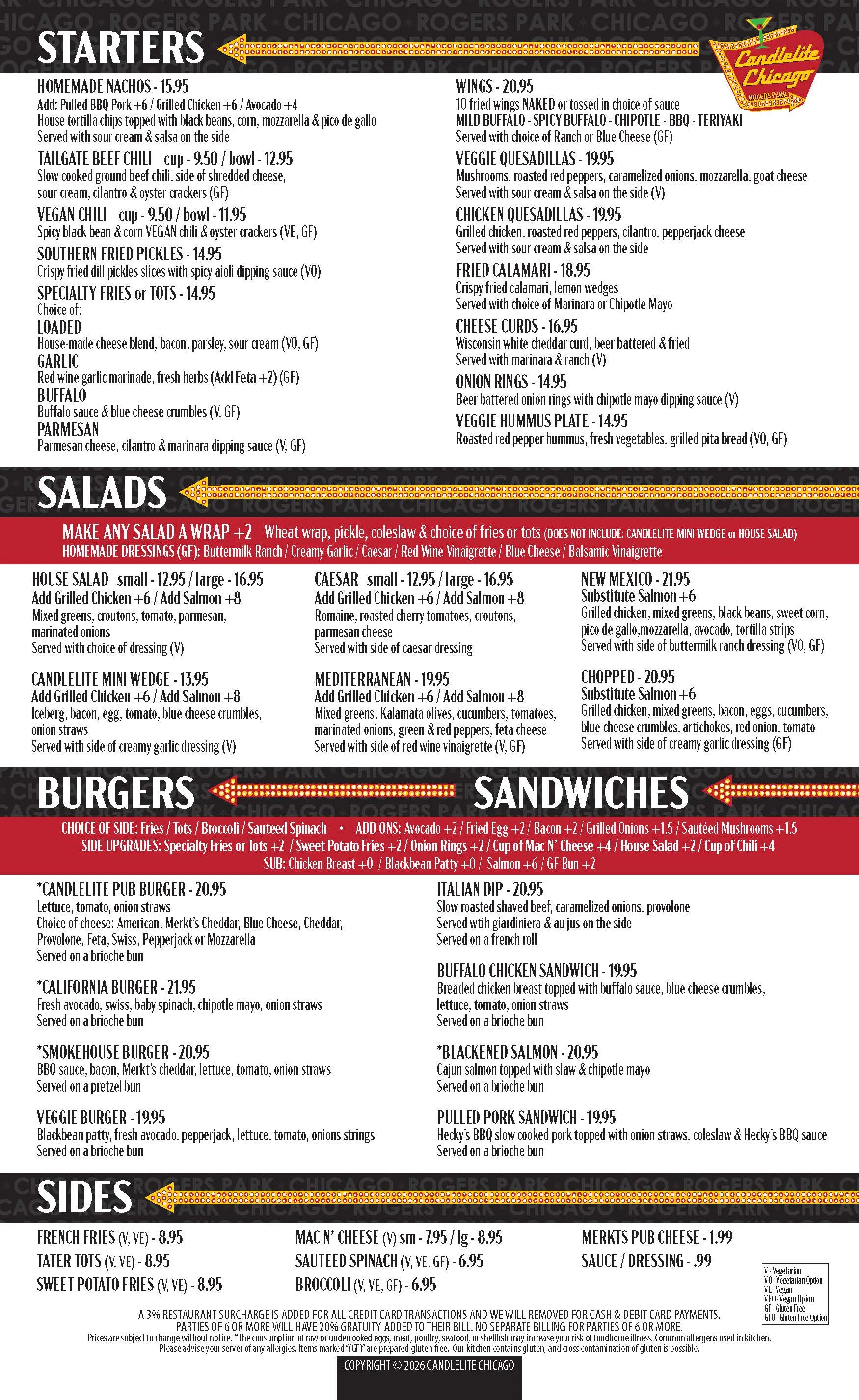 Candlelite Chicago restaurant menu featuring starters, salads, burgers, sandwiches, and sides