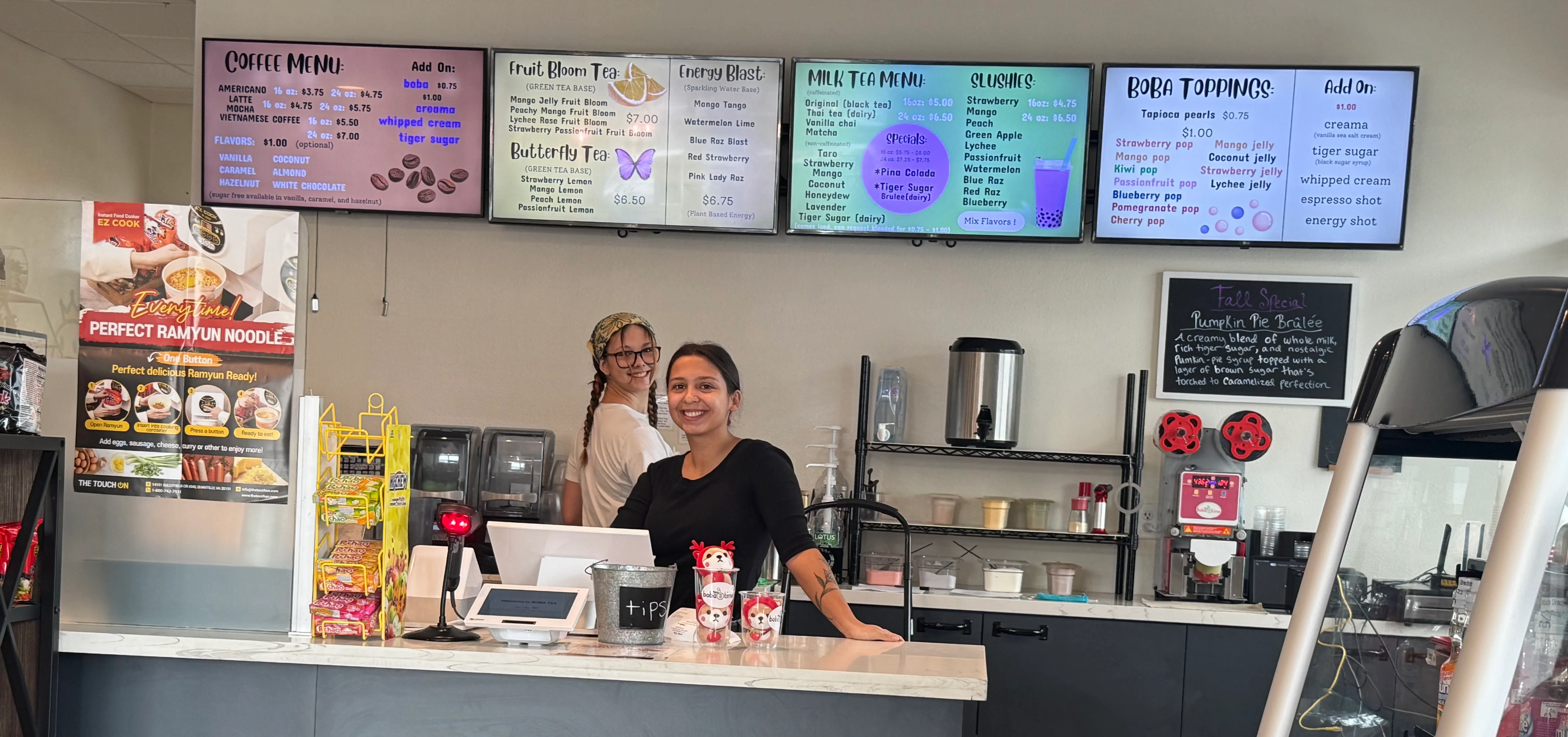 Cozy café counter with boba tea and ramyun noodles