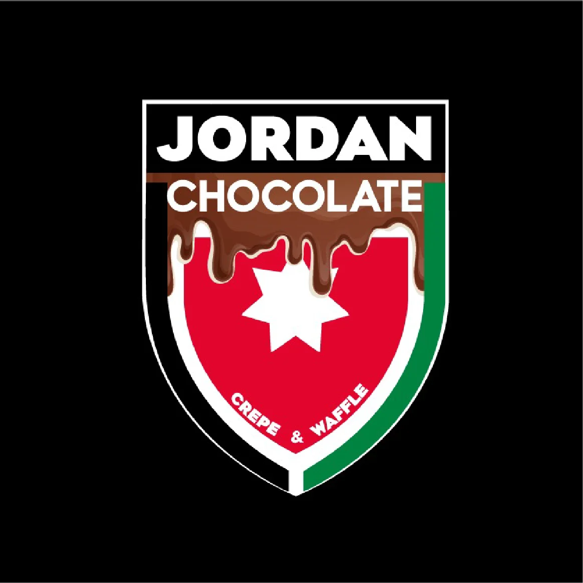 A logo design featuring the word 'Jordan' on top, with 'Chocolate' below, drizzled with chocolate on a red shield-like shape.