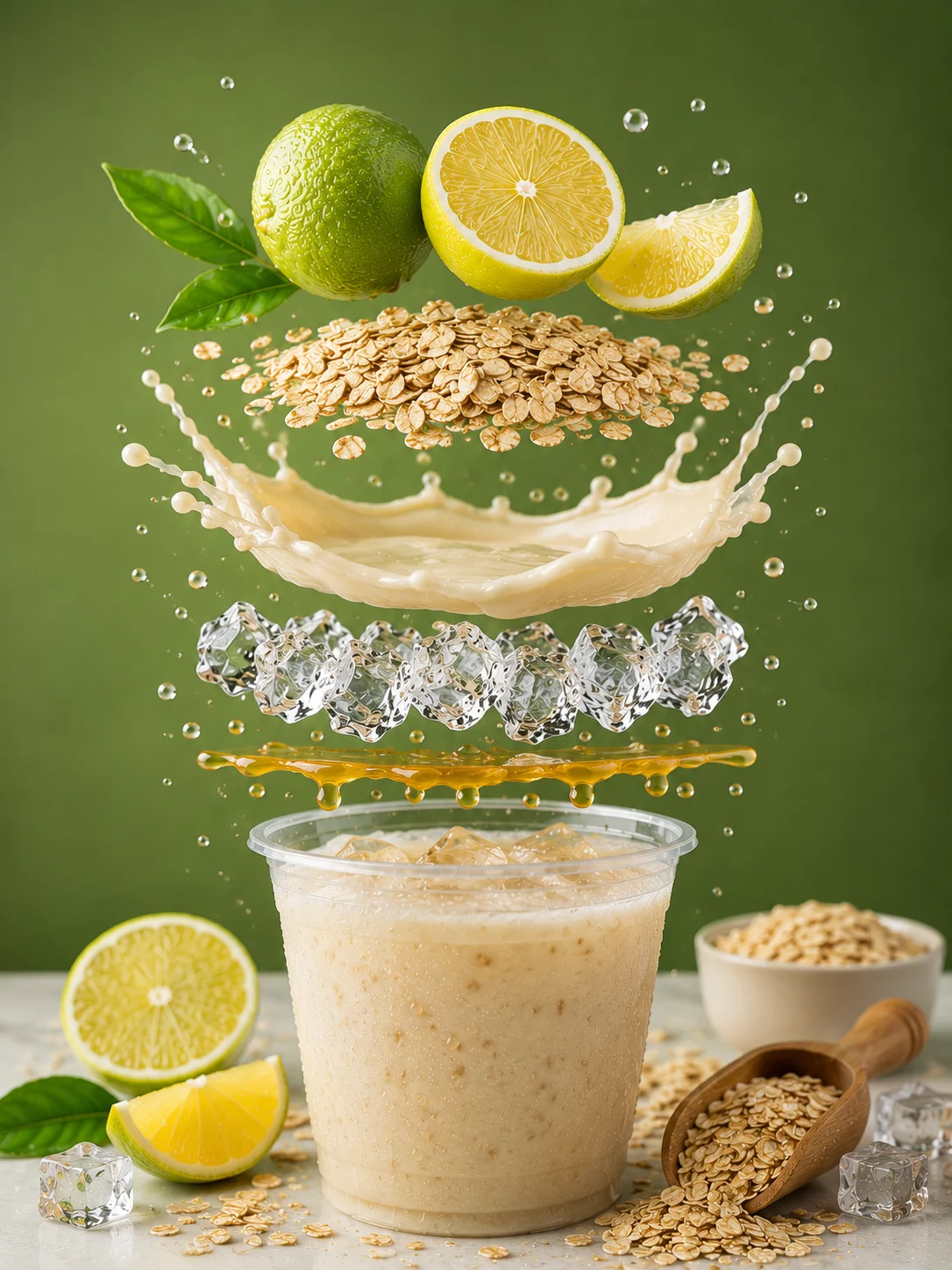 A refreshing smoothie with oats, lime, and ice cubes, presented in a clear cup with vibrant ingredients floating above.