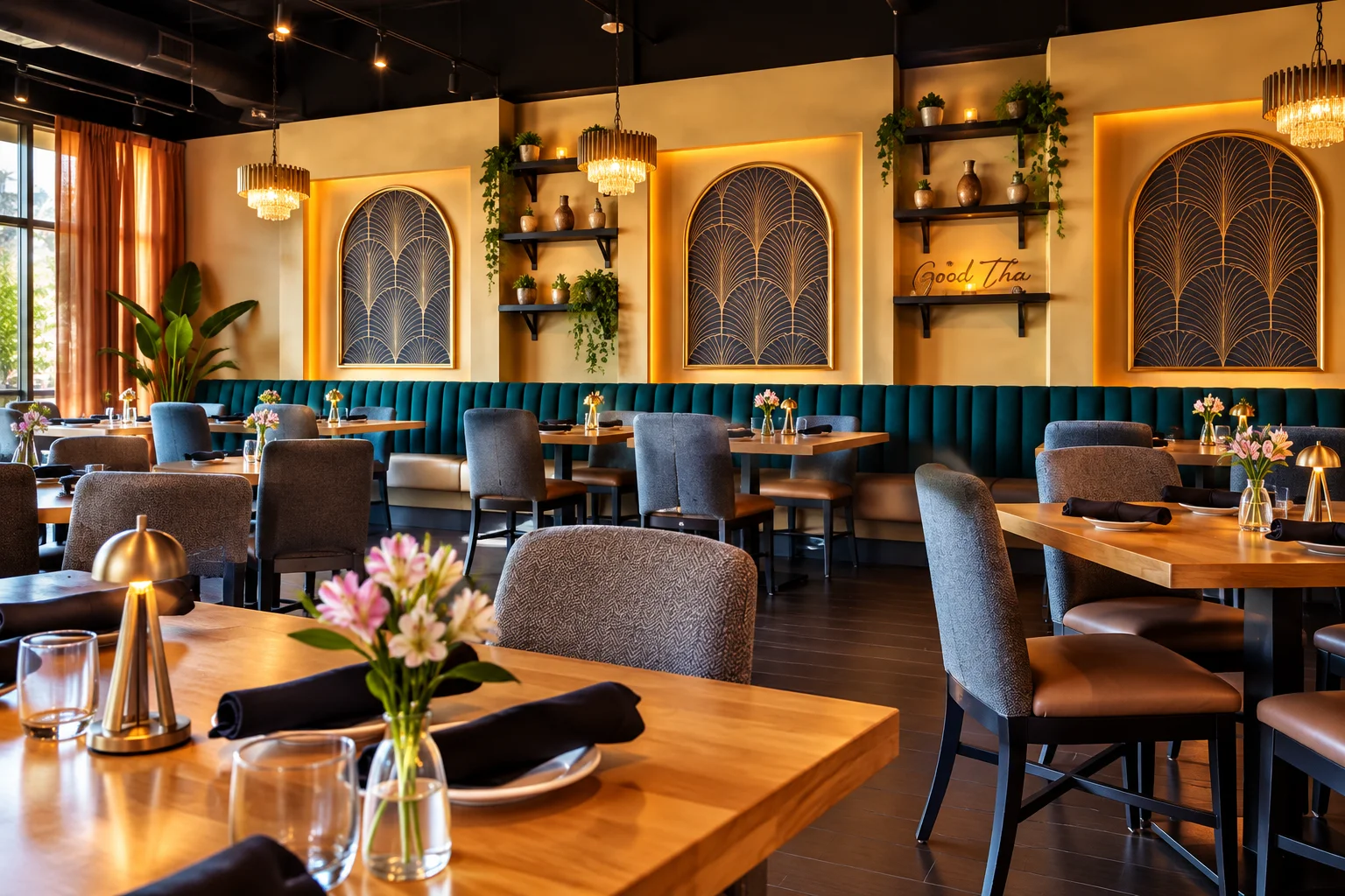 Elegant restaurant dining room with teal banquettes and warm lighting