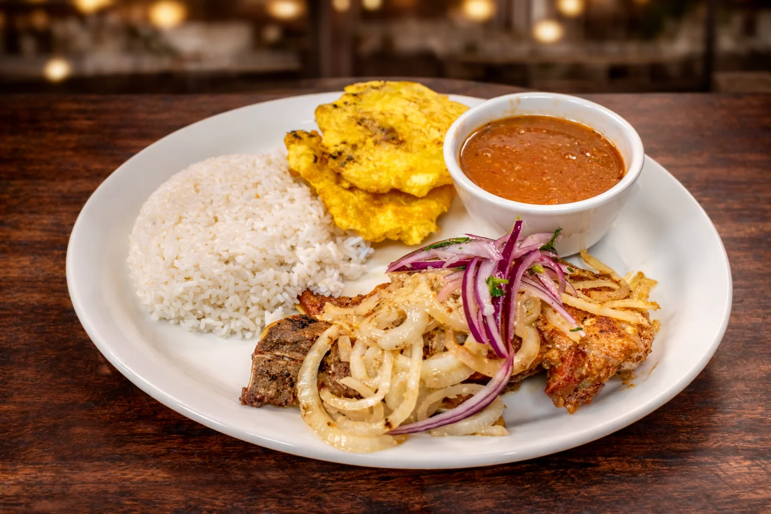 Delicious Dominican mofongo with grilled chicken and rice