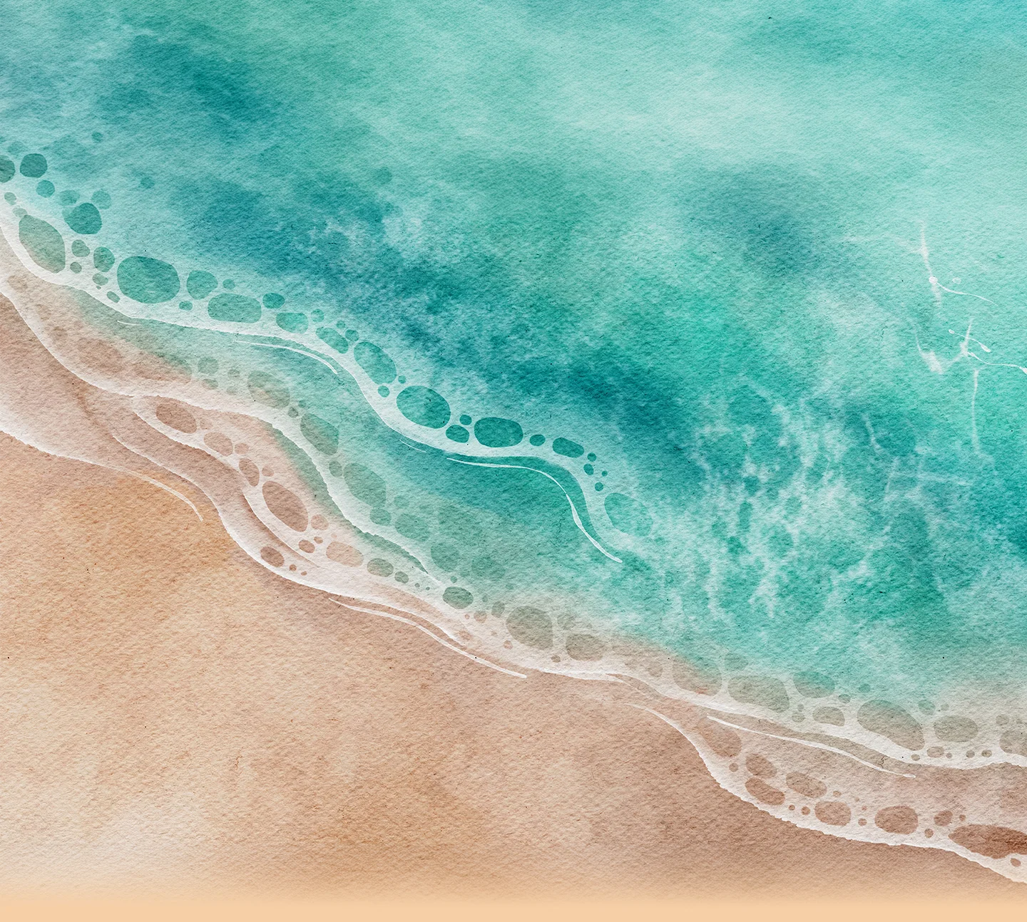 Watercolor beach scene with gentle waves and sandy shore