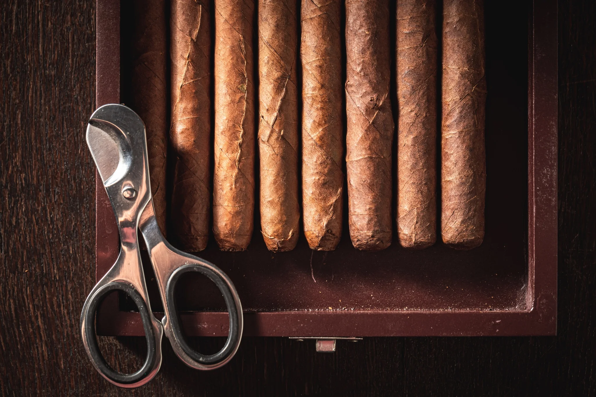 A box of cigars with a pair of scissors beside them.