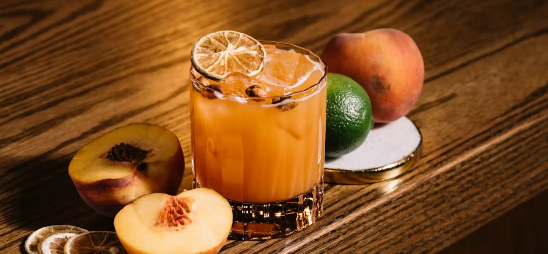 Refreshing peach cocktail with citrus garnishes