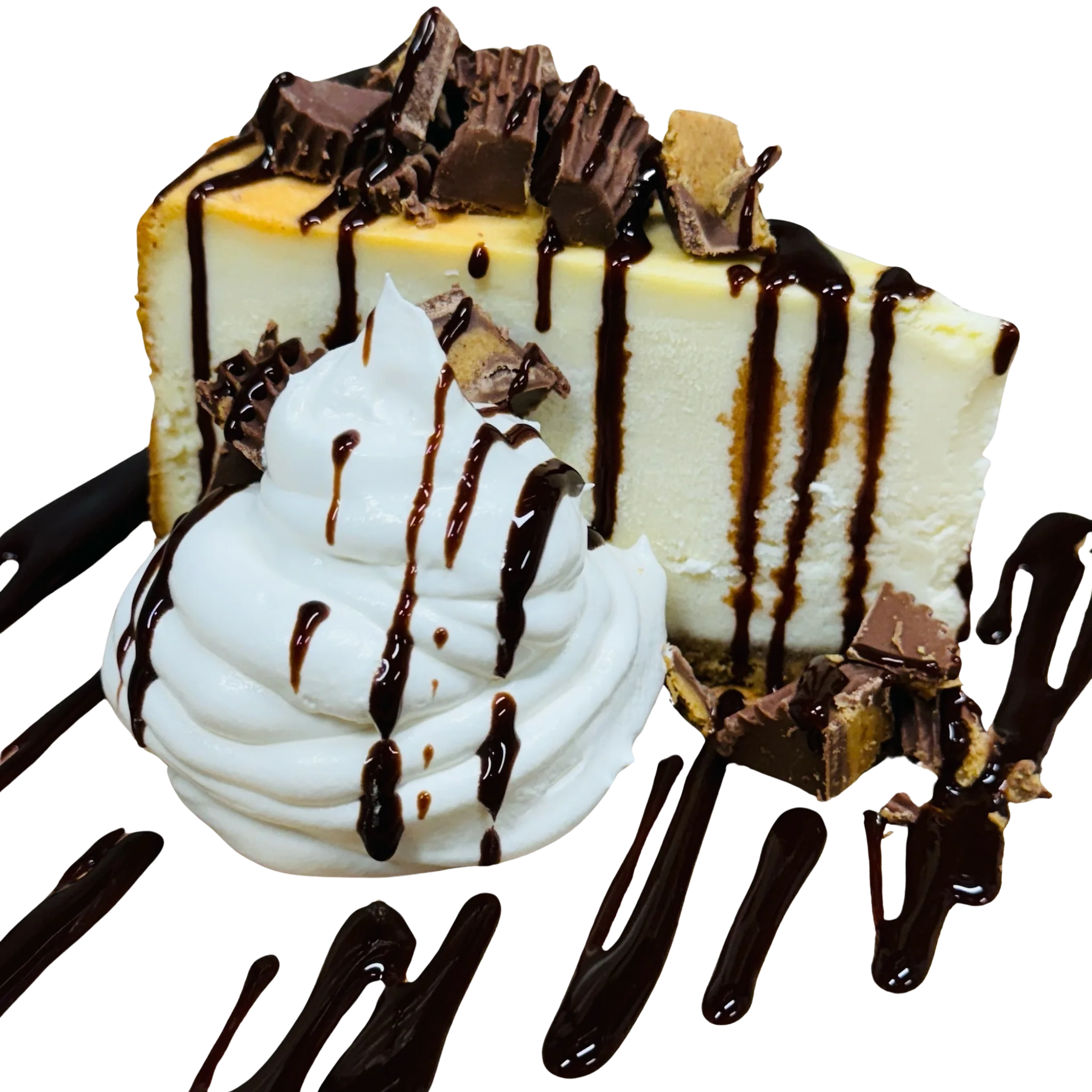 Cheesecake with Chocolate Drizzle, whipped cream and peanut butter cups
