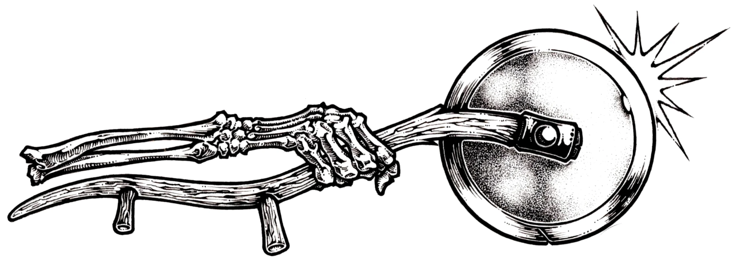 Artistic illustration of a skeletal hand holding a bell