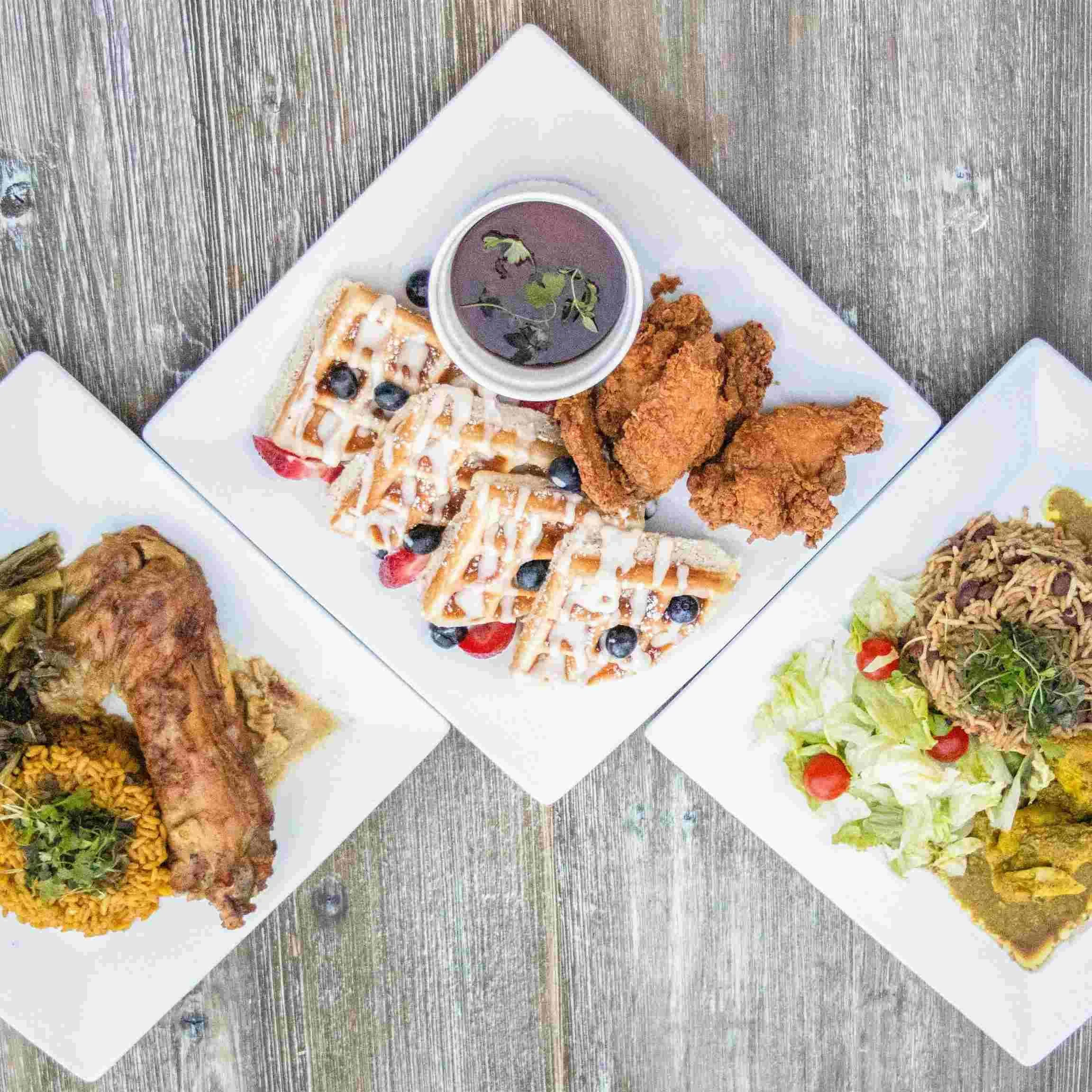 Southern fried chicken and waffles with sides