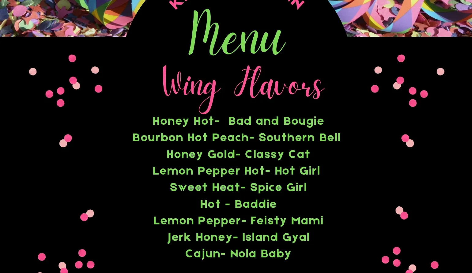 Colorful menu for Kee's Kitchen featuring various wing flavors and prices