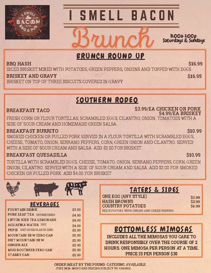 Brunch menu featuring Southern-style dishes and bottomless mimosas