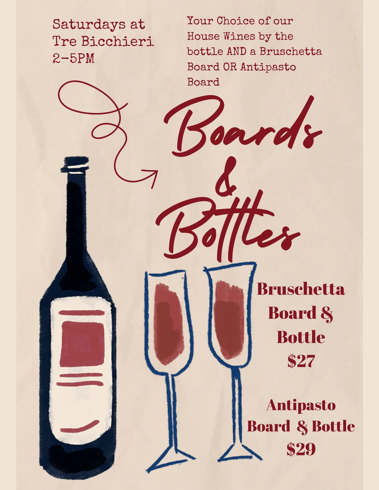 Wine and bruschetta board promotion at Tre Bicchieri restaurant
