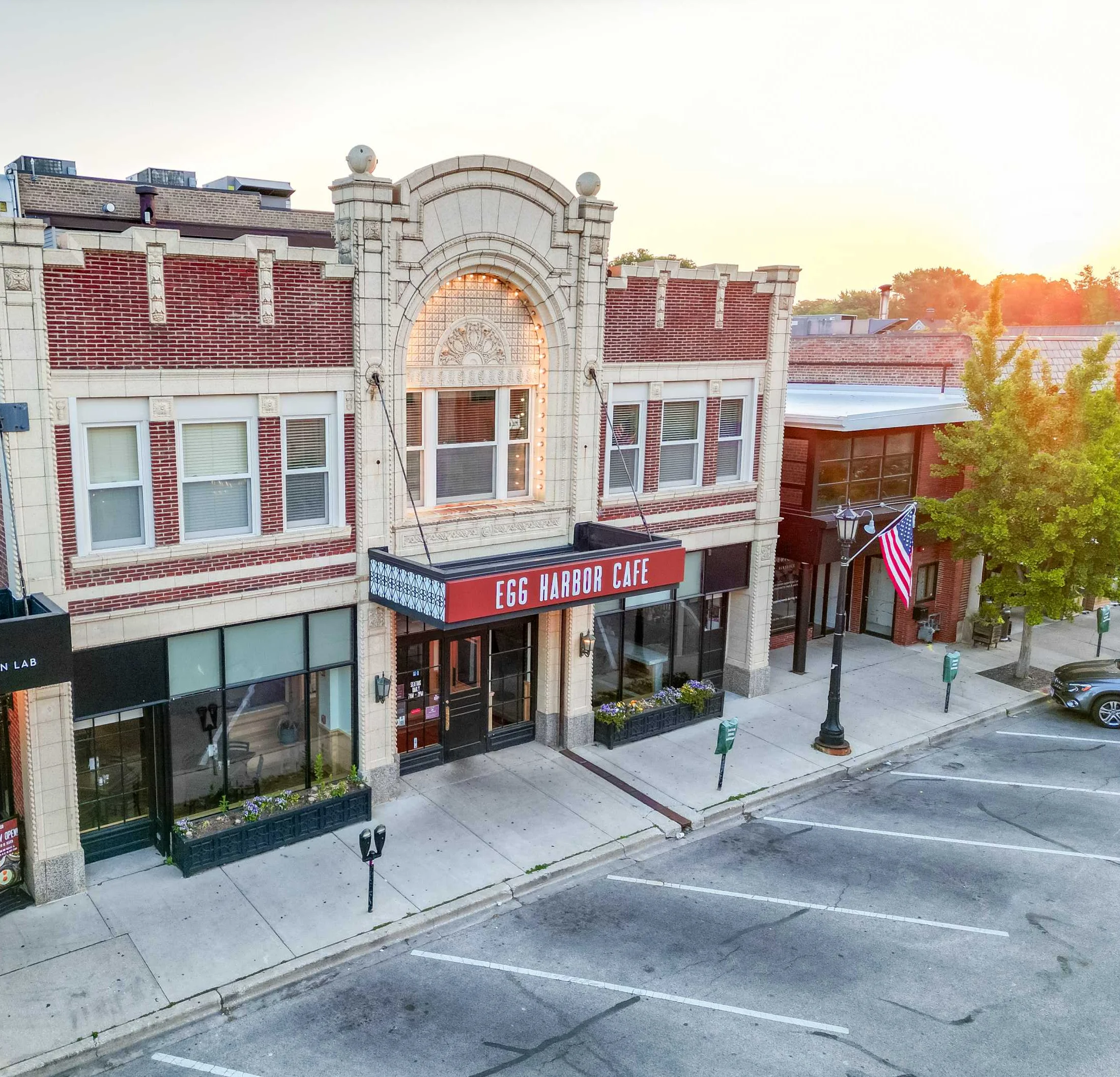 Exterior view of Egg Harbor Cafe in a charming downtown setting