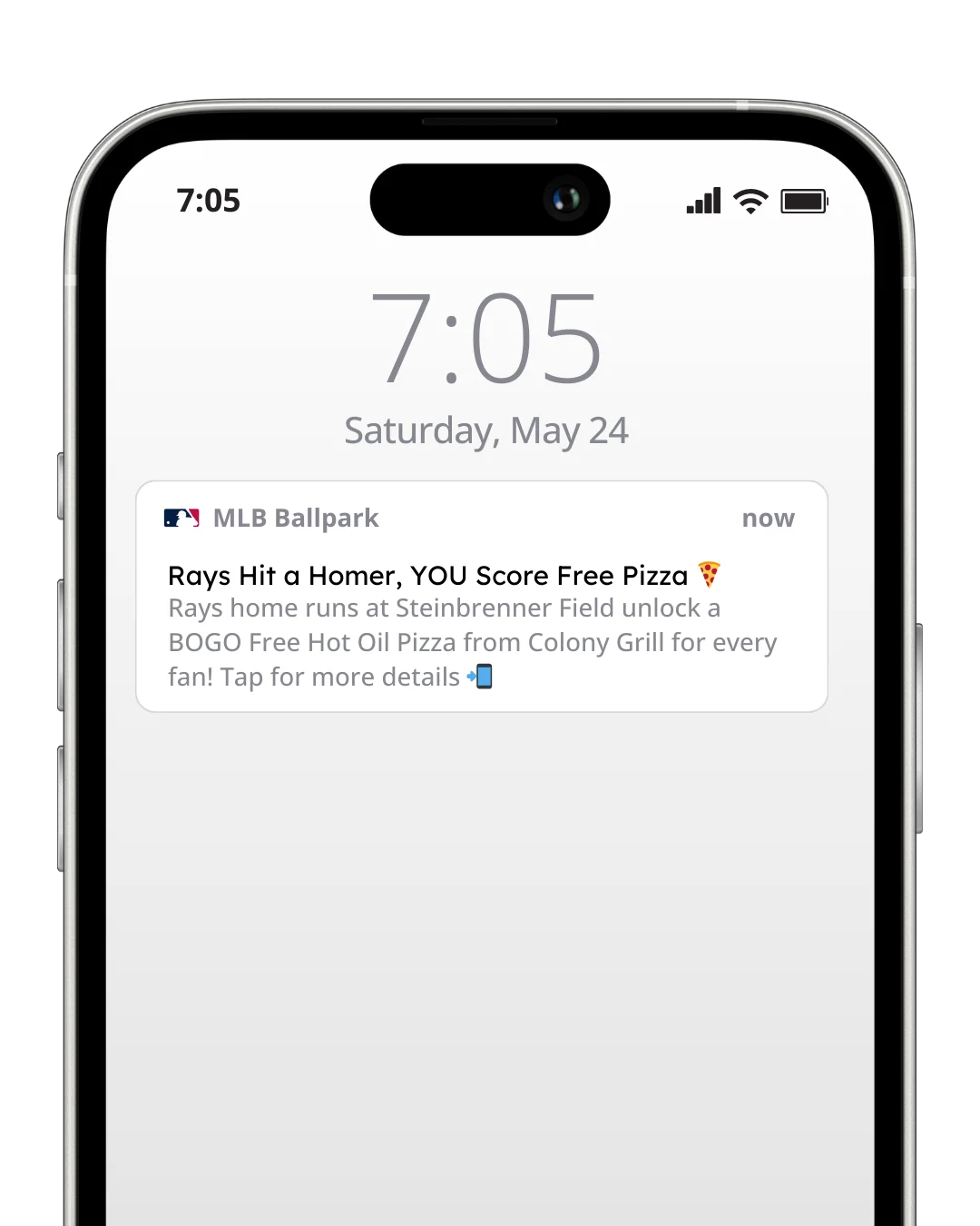 MLB notification for free pizza promotion at Colony Grill